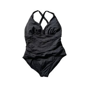 Wowease black magnetic snap easy on criss cross back one piece swimsuit sz 12